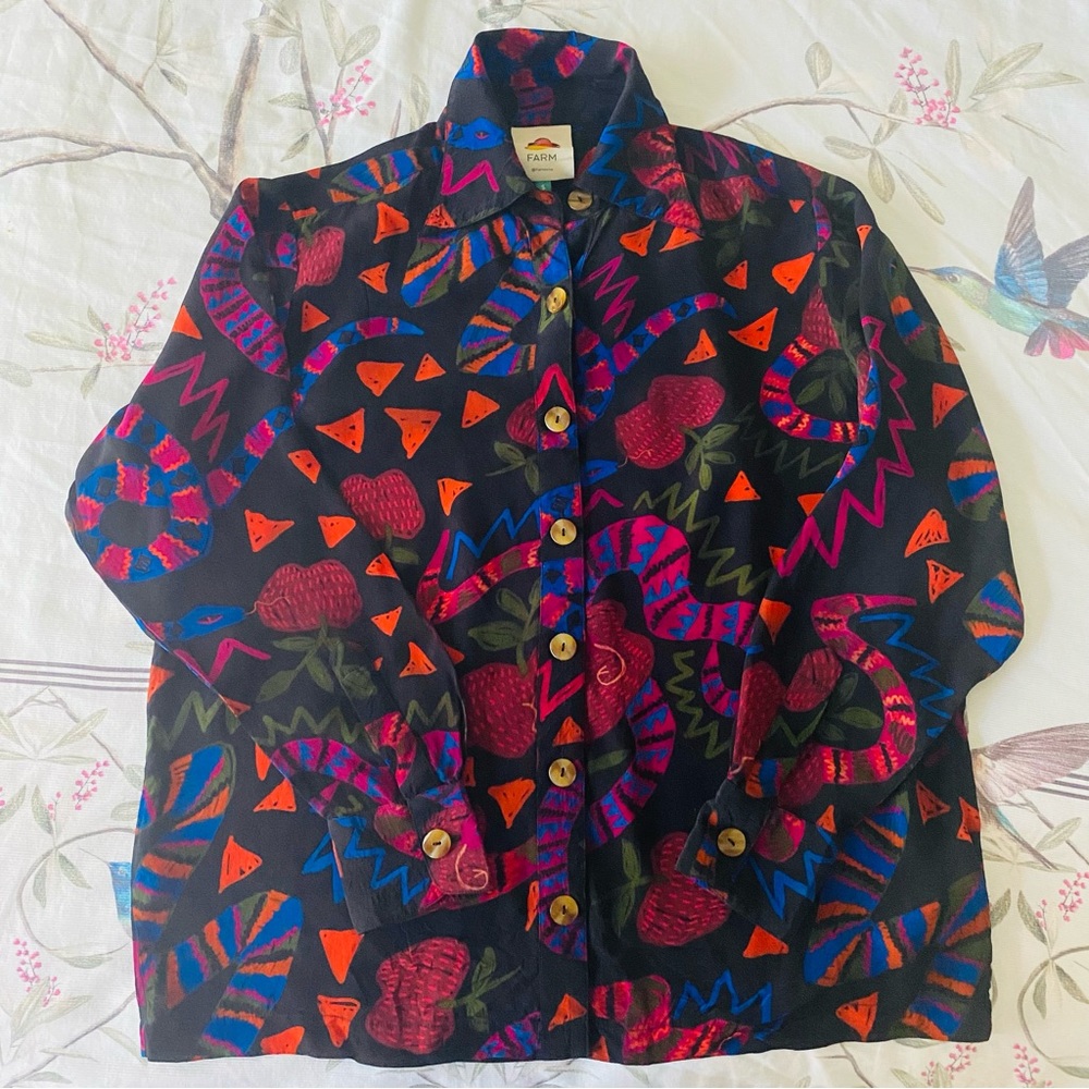 Farm Rio Jungle Fruits Snake button up blouse